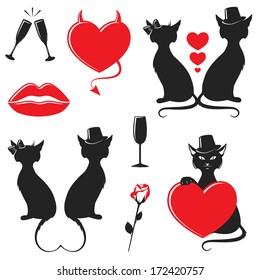 valentine silhouette icons set. cats in love with hearts, rose, kiss, wine glass,devil heart. vector illustration 