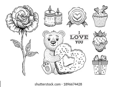 Valentine sketch set. Vintage doodle vector icons for card. Happy Valentine day illustration. Bear toy with heart donut, cute rose, strawberry, cupcake. Love Valentine day vector illustration