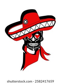 Valentine skull with heart eyes. A black and white sugar skull with intricate floral designs is depicted wearing a large red sombrero with a black trim. The skull's eyes are replaced with red hearts, 