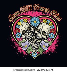 valentine skull with heart and flowers, grunge vintage design t shirts