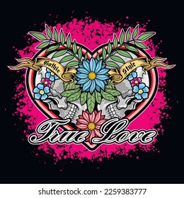 valentine skull with heart and flowers, grunge vintage design t shirts