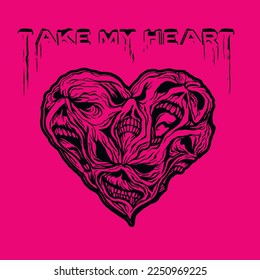 valentine skull with heart, grunge vintage design t shirts
