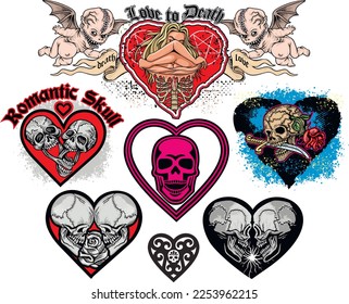 valentine skull with heart, grunge vintage design t shirts