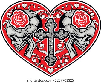 valentine skull with heart, grunge vintage design t shirts