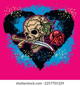 valentine skull with heart, grunge vintage design t shirts