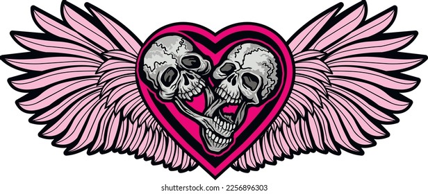 valentine skull with heart and wings, grunge vintage design t shirts