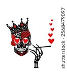 Valentine skull smoking hearts. A stylized black and red sugar skull with a crown on its head and hearts for eyes is depicted against a white background. 