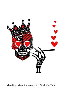 Valentine skull smoking hearts. A stylized black and red sugar skull with a crown on its head and hearts for eyes is depicted against a white background. 