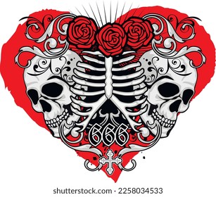 valentine skull and thorax with heart, grunge vintage design t shirts