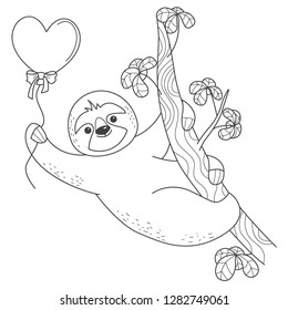 Valentine sloth hanging on a branch with a heart-shaped balloon.Vector illustration.Doodle slyle.Isolated on white background