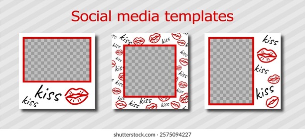 valentine social media templates design, set of background doodle style for banner, flyer, card with many lips and kiss. bright vector illustration for poster, frame en white and red, with copy space