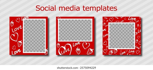 valentine social media templates design, set of background for banner, flyer, card with many different doodle hearts. bright vector illustration for poster, frame en white and red, with copy space