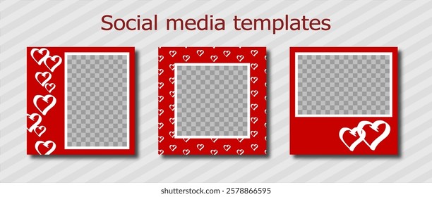 valentine social media templates design, set of background for banner, flyer, card with many different doodle hearts. bright vector illustration for poster, frame en white and red, with copy space