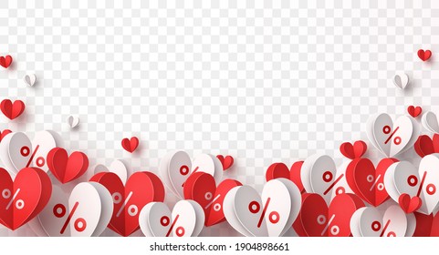 Valentine special offer heart balloons isolated on transparent background. Promo banner with percent off baloons discount sale. Vector pattern for promotion, best price Mother's Day design