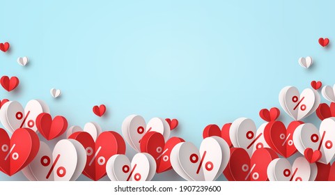 Valentine special offer heart balloons on empty blue background. Promo banner with percent off baloons discount sale. Vector pattern for promotion, best price Mother's Day design