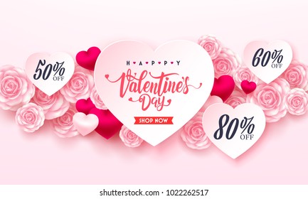 Valentine Special offer and sale with Sweet heart and Pink rose for Valentine's Day Brochures or Banner.Vector illustration EPS10.