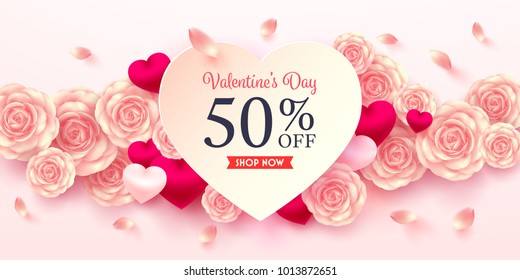 Valentine Special offer and sale with text "50% off",Sweet heart and Pink rose for Valentine's Day Brochures or Banner.Vector illustration EPS10.