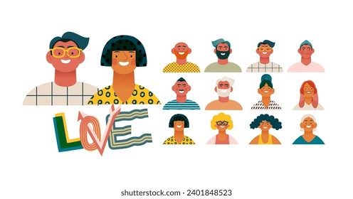 Valentine: Spectrum of Love - modern flat vector concept illustration of a vibrant array of individual portraits celebrating love's diverse expressions. Metaphor for the universal language of love