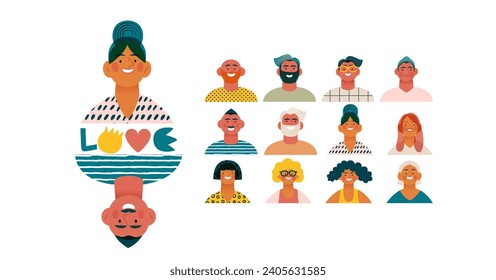 Valentine: Spectrum of Love - modern flat vector concept illustration of a vibrant array of individual portraits celebrating love's diverse expressions. Metaphor for the universal language of love