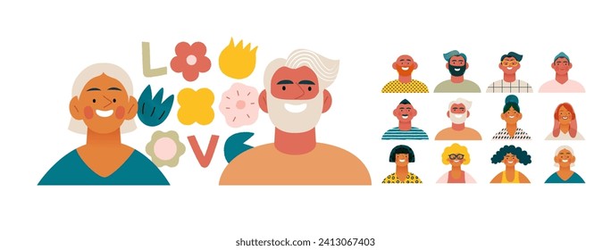 Valentine: Spectrum of Love - modern flat vector concept illustration of a vibrant array of individual portraits celebrating love's diverse expressions. Metaphor for the universal language of love