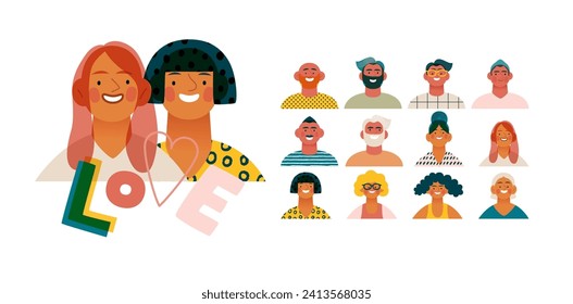 Valentine: Spectrum of Love - modern flat vector concept illustration of a vibrant array of individual portraits celebrating love's diverse expressions. Metaphor for the universal language of love