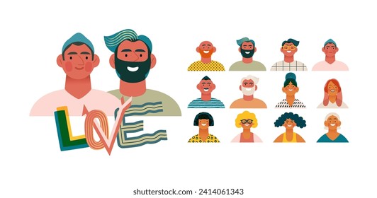 Valentine: Spectrum of Love - modern flat vector concept illustration of a vibrant array of individual portraits celebrating love's diverse expressions. Metaphor for the universal language of love