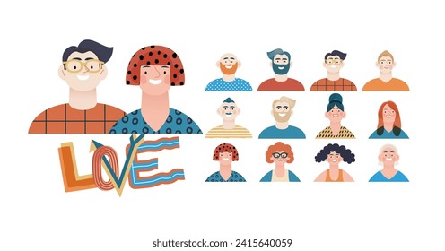 Valentine: Spectrum of Love - modern flat vector concept illustration of a vibrant array of individual portraits celebrating love's diverse expressions. Metaphor for the universal language of love