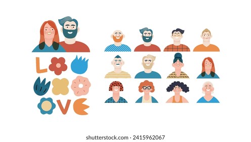 Valentine: Spectrum of Love - modern flat vector concept illustration of a vibrant array of individual portraits celebrating love's diverse expressions. Metaphor for the universal language of love