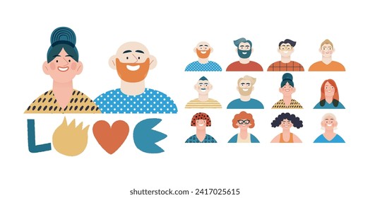 Valentine: Spectrum of Love - modern flat vector concept illustration of a vibrant array of individual portraits celebrating love's diverse expressions. Metaphor for the universal language of love