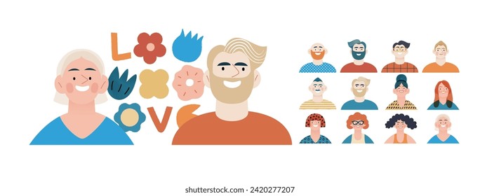 Valentine: Spectrum of Love - modern flat vector concept illustration of a vibrant array of individual portraits celebrating love's diverse expressions. Metaphor for the universal language of love