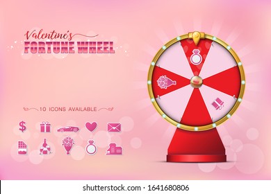 Valentine Spinning Fortune Wheel in realistic style with 10 Icons for Selection on Bokeh Background