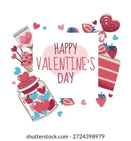Borde cuadrado de San Valentín con pastel, chocolate, fresa, dulces y corazones de amor. Celebración romántica, boda, aniversario. Concepto de delicia dulce. Para tarjeta de felicitación, cartel, Anuncio de Web, etiqueta.