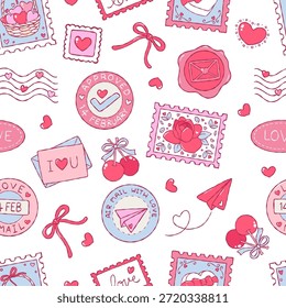 Valentine Stamp nahtloses Muster, handgezeichnete Vintage Love Letter Digitalpapier, trendige Valentine Porto Repeat Pattern Design Vektor