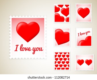 Valentine Stamps with red hearts set