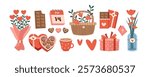 Valentine sticker collection. Clip art of valentine day. Set of valentine gift. Set of mother day gift. Anniversary gift. Coffee. Vase flower. Gift box. Chocolate box. Love letter. Bouquet flower. 