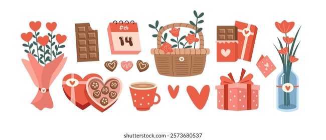 Valentine sticker collection. Clip art of valentine day. Set of valentine gift. Set of mother day gift. Anniversary gift. Coffee. Vase flower. Gift box. Chocolate box. Love letter. Bouquet flower. 