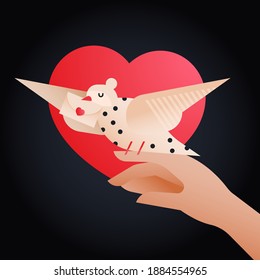 Valentine Sticker. Ilustraciones modernas de concepto de vectores planos. La paloma con la cubierta sentada a mano en el icono de fondo de forma cardíaca. Anuncios de medios sociales.