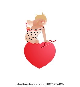Valentine Sticker. Ilustraciones modernas de concepto de vectores planos. Cupido con flechas y equipo en el icono del corazón. Anuncios de medios sociales.