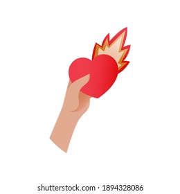 Valentine Sticker. Modern Flat Vector Concept Illustrations. Hand Hold Heart with Flame Icon. Social Media Ads.