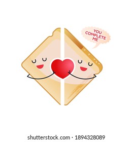 Valentine Sticker. Modern Flat Vector Concept Illustrations. Two Halves of Bread with Heart Icon. You Complete Me Quote on Bubble. Social Media Ads.