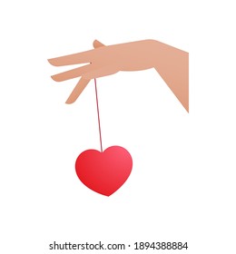 Valentinsticker. Moderne Illustrationen zum flachen Vektorkonzept. Handspiel mit dem Spielzeugherz-Symbol. Werbung für soziale Medien