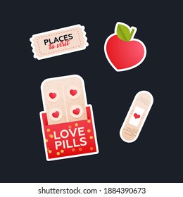 Valentine Sticker Pack. Modern Flat Vector Concept Illustrations. Tag, Heart Shape Fruit, Love Pills, Patch. Social Media Ads.