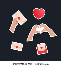 Valentine Sticker Pack. Modern Flat Vector Concept Illustrations. Heart Shape Gesture, Envelop with Heart, Hand Holding Enevlop. Social Media Ads.