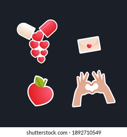 Valentine Sticker Pack. Modern Flat Vector Concept Illustrations. Pill, Heart Shape Gesture, Envelop with Heart, Tag, Heart Shape Fruit. Social Media Ads.