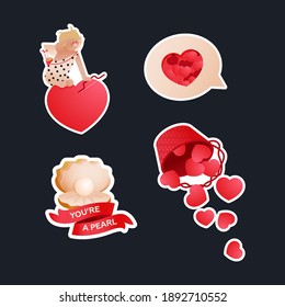 Valentine Sticker Pack. Modern Flat Vector Concept Illustrations. Cupid on Heart, Chat Box, Pearl with Ribbon, Baked Full of Hearts. Social Media Ads.