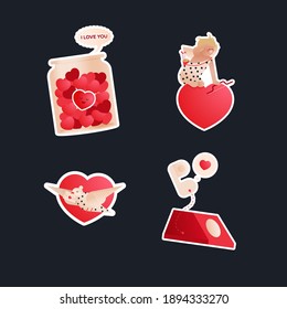 Valentine Sticker Pack. Modern Flat Vector Concept Illustrations. Jar with Hearts, Cupid on Heart, Pigeon with Envelop, Phone. Social Media Ads.