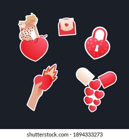 Valentine Sticker Pack. Modern Flat Vector Concept Illustrations. Cupid on Heart, Envelop with Letter, Lock, Pill, Hand Hold Heart with Flame. Social Media Ads.