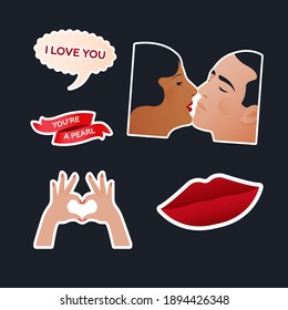 Valentine Sticker Pack. Modern Flat Vector Concept Illustrations. Old-Fashioned Kissing Couple, Red Lips, I Love You on a Bubble, You're a Pearl on a Ribbon, Heart Shape Gesture. Social Media Ads.