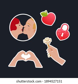Valentine Sticker Pack. Modern Flat Vector Concept Illustrations. Old-Fashioned Kissing Couple, Heart Shape Fruit and Gesture, Hand Hold Key, Lock. Social Media Ads.