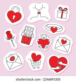 paquete de emoticonos de valentina, set og valentines day Símbolos con corazón rojo, elementos de diseño de línea negra